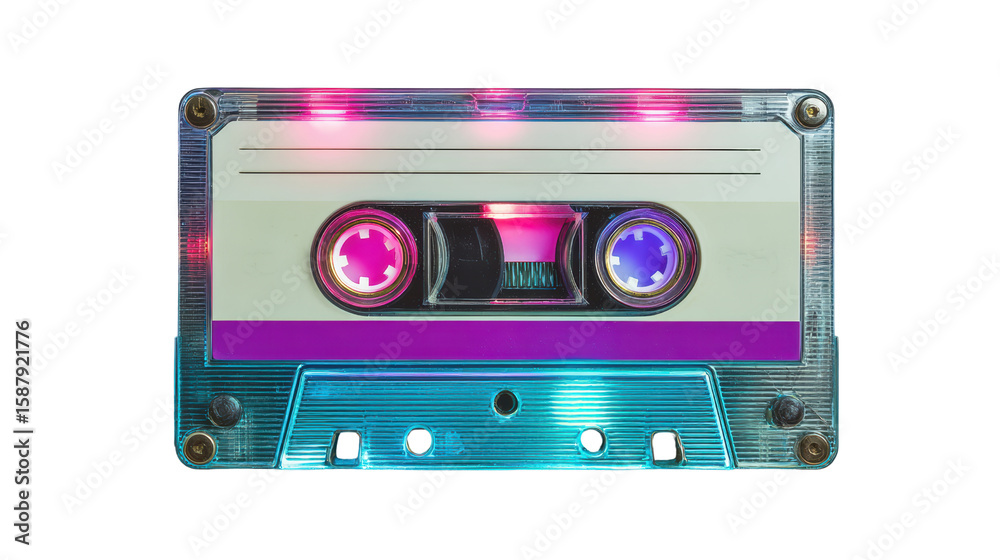 Naklejka premium A vibrant, retro cassette tape with neon highlights on a white isolated background.