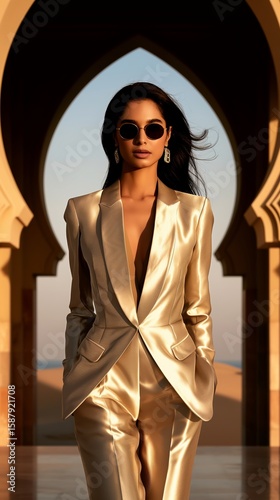 Wallpaper Mural Professional woman striding confidently through golden architectural arches, designer suit highlighting corporate success in luxurious Middle Eastern urban environment Torontodigital.ca
