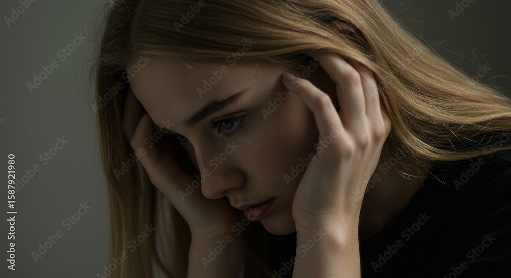 Obraz premium Portrait of a young woman experiencing stress and holding her head