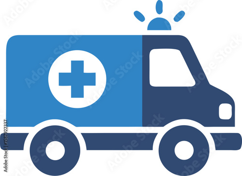 Vector art of a blue and dark blue icon of an ambulance with a medical cross