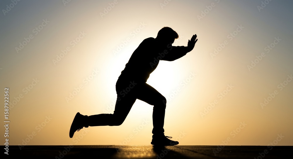 Silhouette of determined figure pushing against the illuminated sky gradient Silhouette of determined figure pushing against the illuminated sky gradient