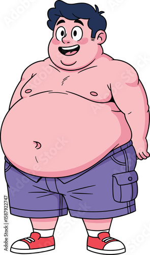 Happy Overweight Cartoon Man Standing Shirtless in Shorts, Body Positivity and Self-Acceptance Illustration, Health and Lifestyle Concept, Cad Drawing Flat Vector Illustration