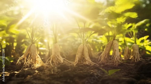 Young plants with roots emerging from the rich soil, bathed in sunlight