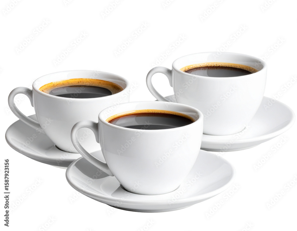 Obraz premium Three white coffee cups on saucers