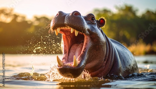 Hippopotamus displaying teeth with an opened mouth, showcasing the power and magnificence