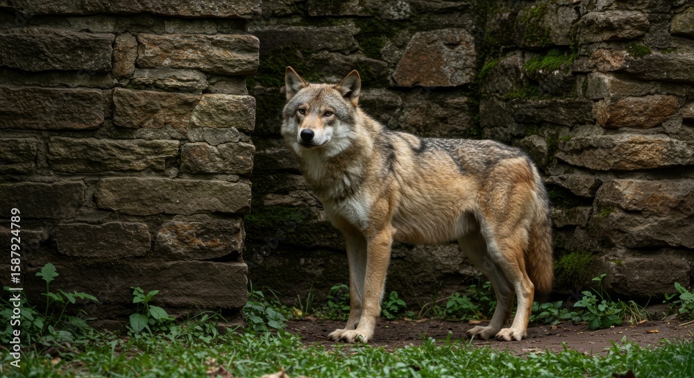 Obraz premium Portrait of a wolf standing near an old stone wall in a natural habitat