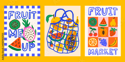Summer tropical vector posters set. Bright print designs with exotic fruits in blocks, string bag illustrations