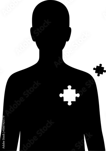 Conceptual illustration of emotional despair. A silhouette of a person with a "hole" in their chest (a puzzle), symbolizing loss and a sense of doom, with a missing piece out of reach.