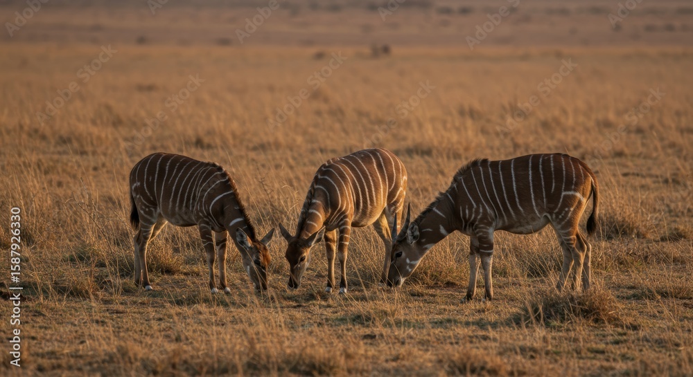 Obraz premium Three beautiful nyalas grazing in a golden grassy african field at sunrise, embodying the wild beauty of the natural world in serene tranquility
