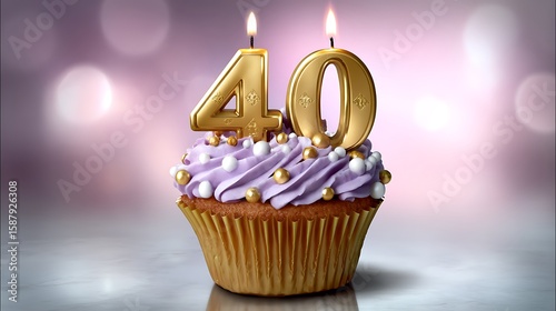 Elegant Purple Cupcake with Golden 40 Candles Celebrating Special 40th Birthday Occasion