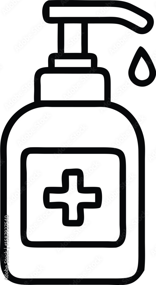 Obraz premium Vector art of a black and white line drawing of a hand sanitizer bottle with a drop falling, representing hygiene and health