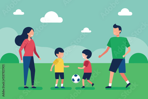 Family Playing Soccer in Park: Cartoon Illustration of Parents and Children Enjoying Outdoor Activity on Green Grass