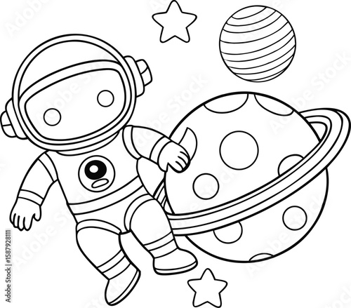Outer space scene with floating astronaut and nearby planet Vector illustration