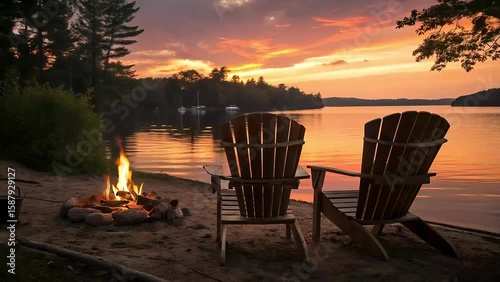 Two wooden chairs stand on the shore of a lake near a bonfire at sunset.