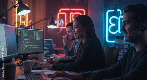 Group of developers collaborating in creative tech environment