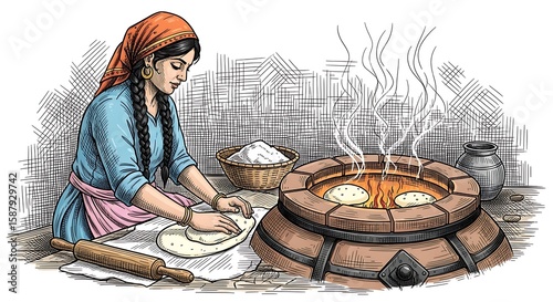 Illustrative portrayal of a woman preparing traditional flatbread in a tandoor oven in india