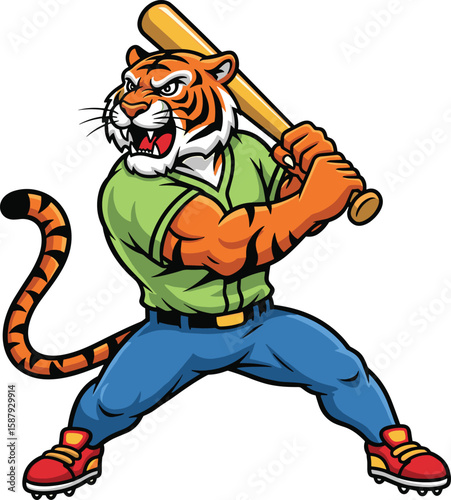 Dynamic Tiger Mascot Cartoon Swinging Baseball Bat, Fierce Animal Character in Sports Uniform, Ideal for Team Logos and Merchandise, Cad Drawing Flat Vector Illustration