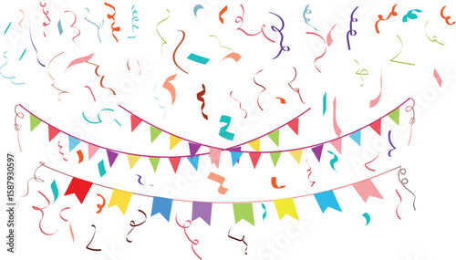 Colorful confetti with bounties single line art buntings garland. Celebration party hand drawn flags. Vector illustration, liner style