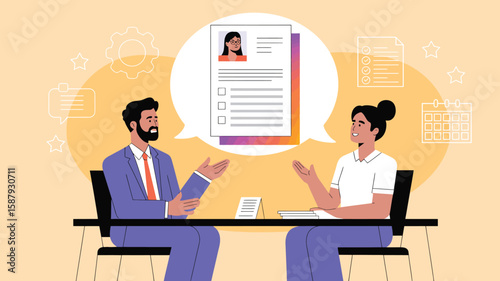 Business Interview Scene with HR Manager and Female Candidate at Table, Corporate Hiring Process Vector Illustration Isolated on White Background for Recruitment and Career Concept Design

