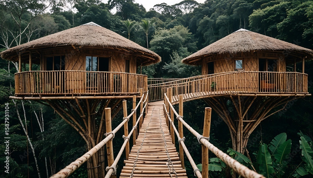 Obraz premium Bamboo treehouse village in a Southeast Asian rainforest, rope bridges.