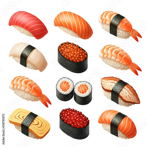 Variety of Delicious Sushi Isolated on Black