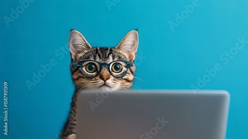 A striped cat with glasses is looking out from behind a computer on a blue background