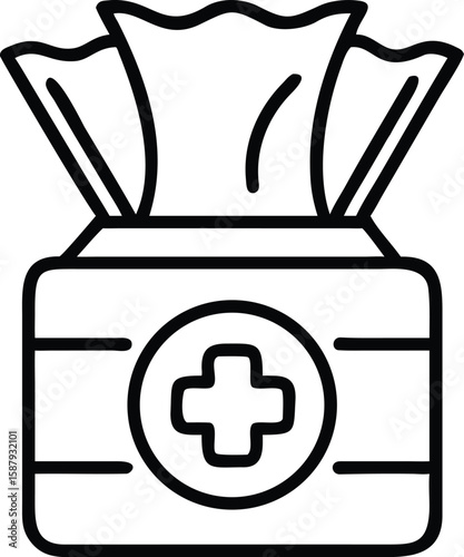 Vector art of a pack of wet wipes with a medical cross symbol and a water drop, isolated on white background