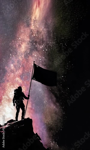Astronaut Planting Flag in Cosmic Landscape Under Starry Night Sky
