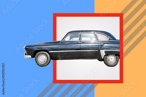 black retro car on blue orange background