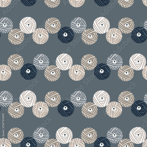 Seamless pattern of yarn balls and skeins in hand drawn cozy style. Vector flat illustration with soft pastel colors. Perfect for designs related to knitting, crochet, handmade crafts 