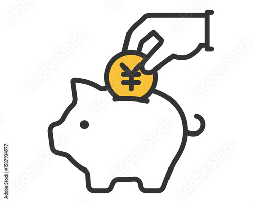 手で円硬貨を投入  豚の貯金箱 ベクターアイコン