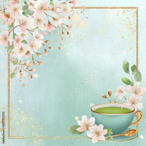Tranquil Elegant Tea Cup with Floral Frame and Soft Aqua Background