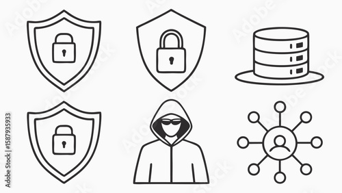 Security icons featuring shields locks hacker and data protection
