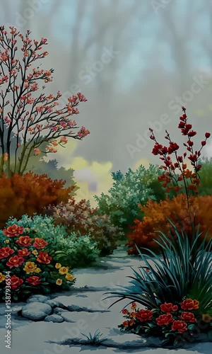 Vibrant Floral Landscape with Colorful Plants and Blossoming Trees
