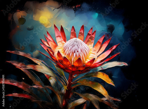 A vibrant king protea flower blossoms against a dark, painterly background of swirling colors and textures.  The interplay of light and shadow accentuates the flower's intricate details.