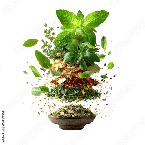 Herbal basil and spices isolated on transparent background cutout