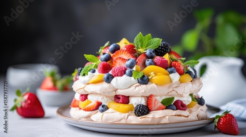 Delicious berry pavlova dessert with fresh fruit and mint.