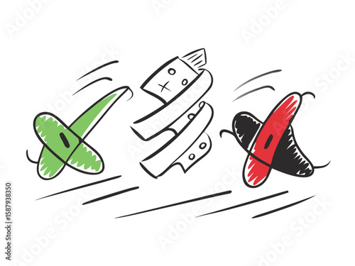 Choosing Success in the Face of Conflict: A hand-drawn image of check marks, a cross, and a tape measure, each conveying a message of decision-making. 
