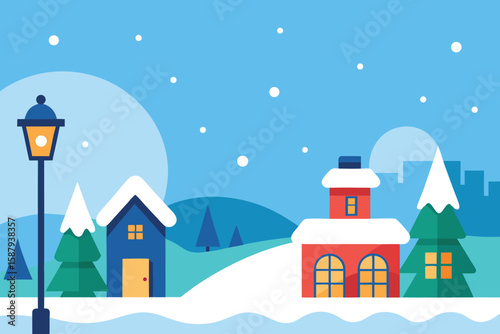 Winter Village Scene: Flat Vector Illustration of Snowy Landscape with Houses, Trees, and Streetlight for Holiday Backgrounds