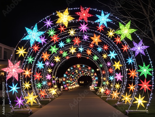 Colorful star tunnel with glowing lights and people walking