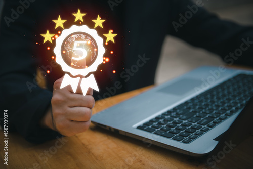 Businessman shows the sign of the top service Quality assurance 5 star, Guarantee, Standards, ISO certification and standardization concept, the best of product and service, the best quality very good