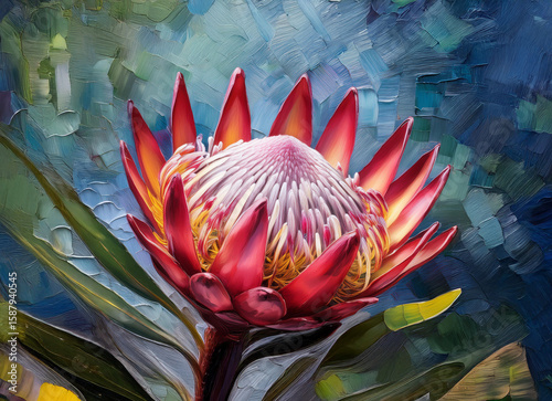 A vibrant pink and red protea flower, in full bloom, is showcased against a textured, abstract background of blues and greens. The image is painterly in style.