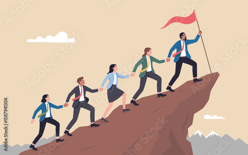 Business Leadership Concept with Diverse Team Climbing Mountain, Following Leader Holding Flag, Vector Illustration Isolated on White Background for Success, Motivation, and Teamwork Design

