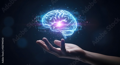 A hand holding a luminous digital brain hologram, symbolizing the intersection of human intelligence, neuroscience, and futuristic technology