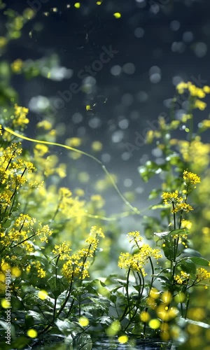 Bright Yellow Wildflowers Under Soft Rainfall in Nature Scene