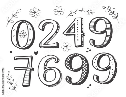 Elegant Digital Delights: An enchanting hand-drawn collection of numbers, perfect for adding a touch of artistic flair to any creative project.