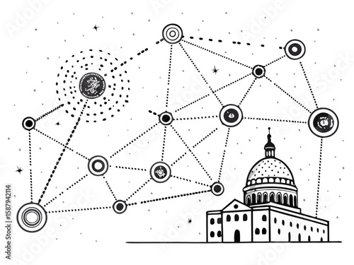 Digital Nexus: An intricate monochrome illustration depicting a network of interconnected nodes, symbolizing the dynamic flow of data and the power of digital architecture.