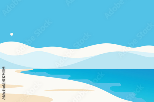 Minimalist Beach Landscape Vector: Serene Blue Sea, White Sand Dunes, and Peaceful Sky Illustration for Backgrounds & Wall Art