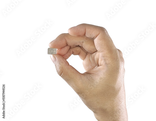 Papier peint A person's hand pinches a small silver nano-SIM card between the thumb and index finger, isolated on a white background