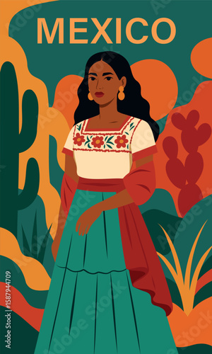 Mexico. Flat bright vector illustration of Mexican woman in traditional clothes with abstract Mexican decorative elements. Festive and cultural image of Latin American heritage